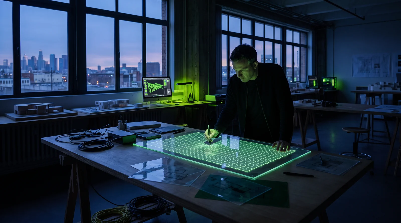 Ontwerper tekent op een verlicht raster in een donker atelier