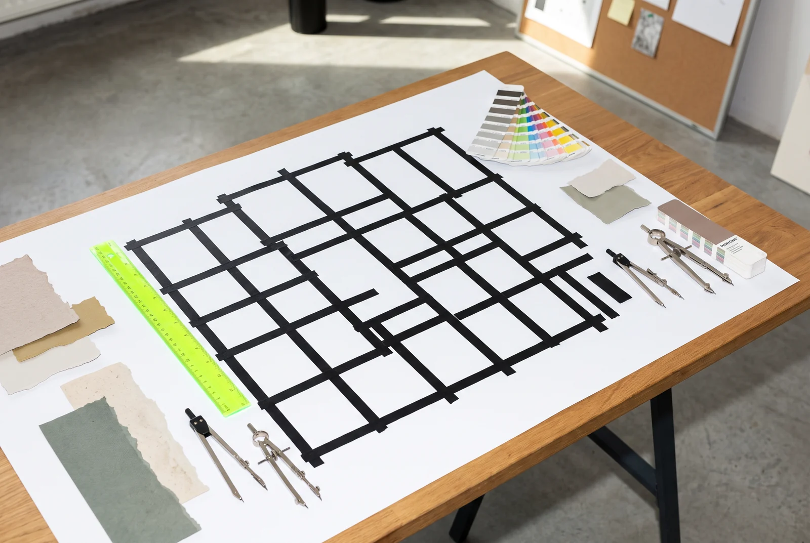 Papieren raster met zwarte tape, meetlat en passer op een werktafel