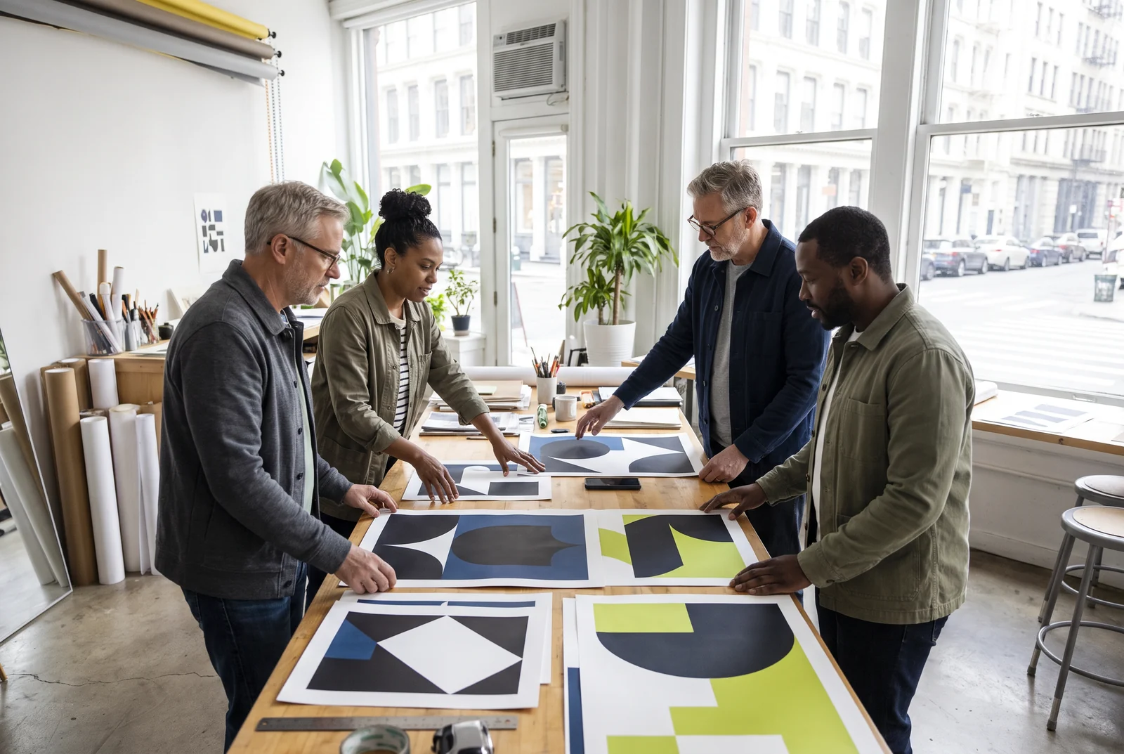 Vier mensen bespreken grafische proeven rond een grote werktafel