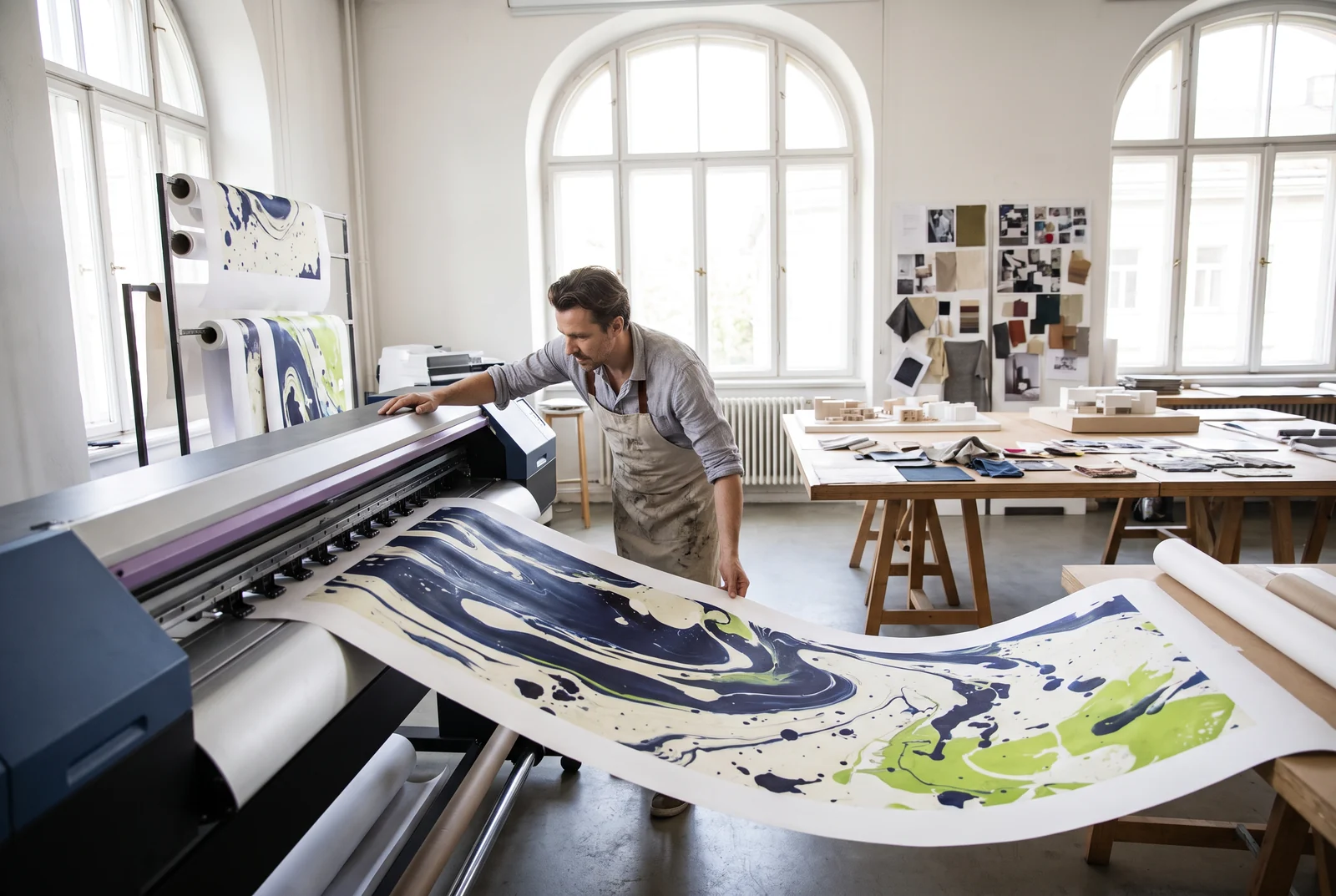 Grote printer produceert een lange grafische proef in een atelier